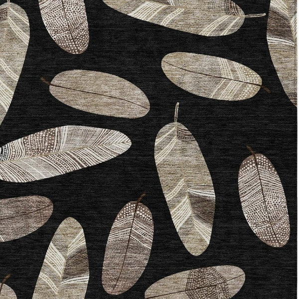 9' X 12' Black and Green Botanical Leaves Washable Indoor Outdoor Area Rug