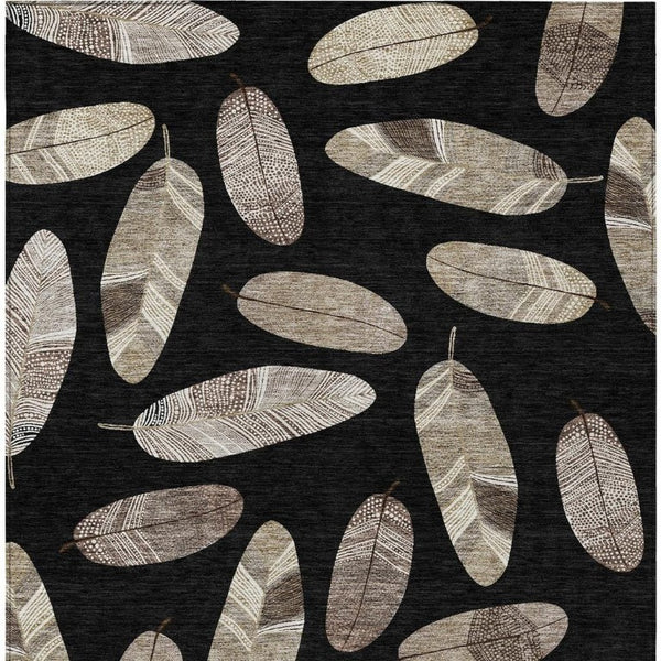 9' X 12' Black and Green Botanical Leaves Washable Indoor Outdoor Area Rug