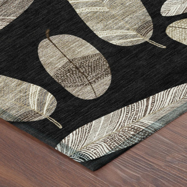 9' X 12' Black and Green Botanical Leaves Washable Indoor Outdoor Area Rug