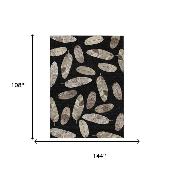 9' X 12' Black and Green Botanical Leaves Washable Indoor Outdoor Area Rug