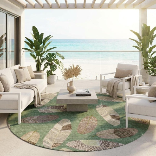 8 Foot Round Botanical Leaf Polyester Area Rug Washable for Patio Kitchen Family