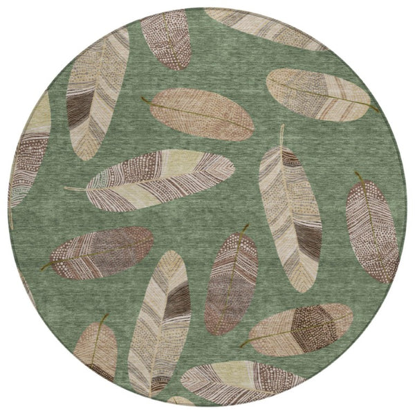 HomeRoots 8 Foot Round Botanical Leaf Polyester Area Rug Washable for Patio Kitchen Family 735088