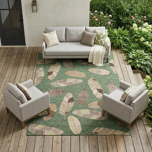 10' X 14' Green and Ivory Botanical Leaves Washable Indoor Outdoor Area Rug