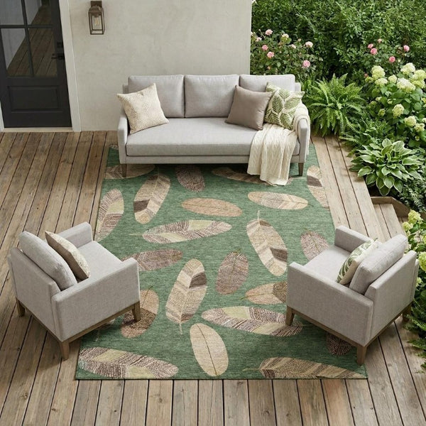 10' X 14' Green and Ivory Botanical Leaves Washable Indoor Outdoor Area Rug