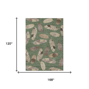 10' X 14' Green and Ivory Botanical Leaves Washable Indoor Outdoor Area Rug