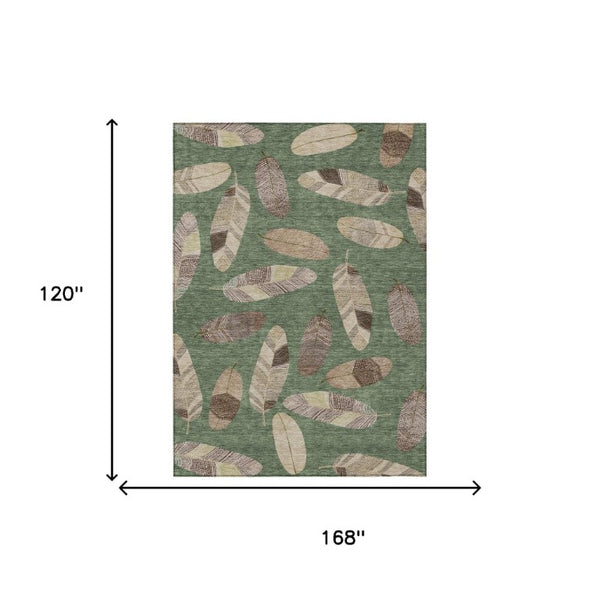 10' X 14' Green and Ivory Botanical Leaves Washable Indoor Outdoor Area Rug