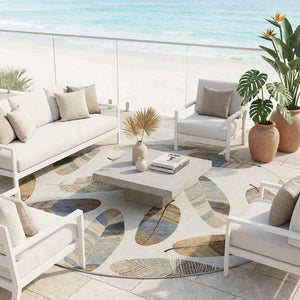 8 Ft Round Botanical Leaf Polyester Area Rug Washable Indoor Outdoor Patio Use
