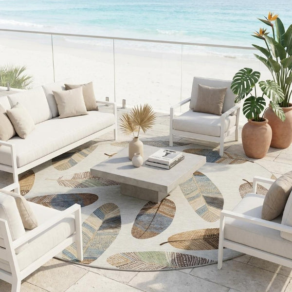 8 Ft Round Botanical Leaf Polyester Area Rug Washable Indoor Outdoor Patio Use