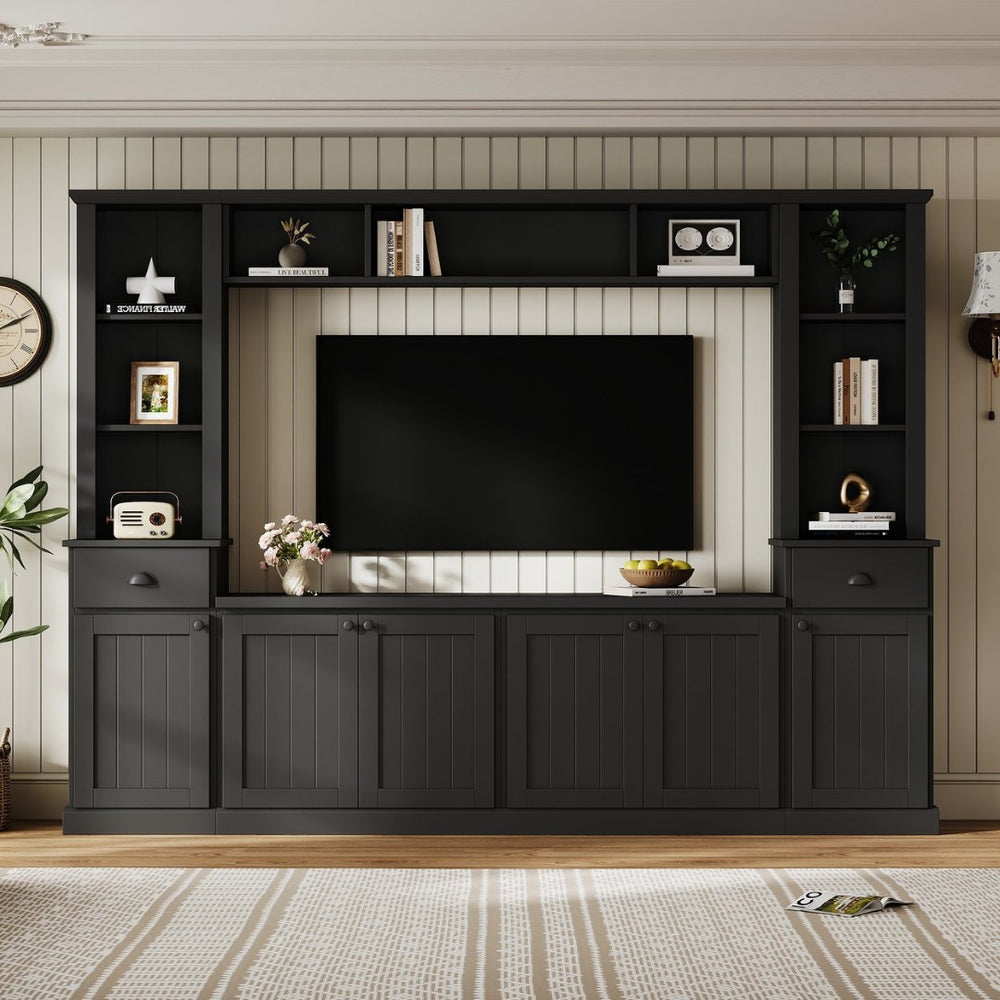 English Elm Minimalist Modular Wall Unit Four Piece Entertainment System Fits Tvs up to 75 Inches Black SD000031AAB