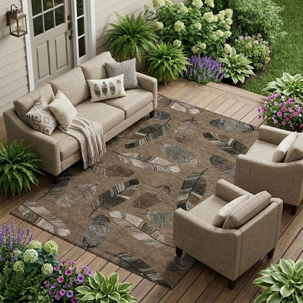 9' X 12' Brown and Ivory Botanical Leaves Washable Indoor Outdoor Area Rug