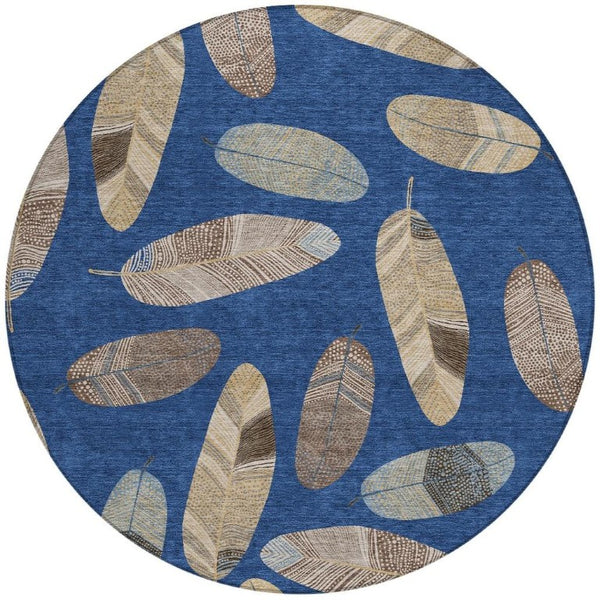 8 Ft Round Botanical Leaf Polyester Area Rug Washable for Patio Kitchen or Mudroom