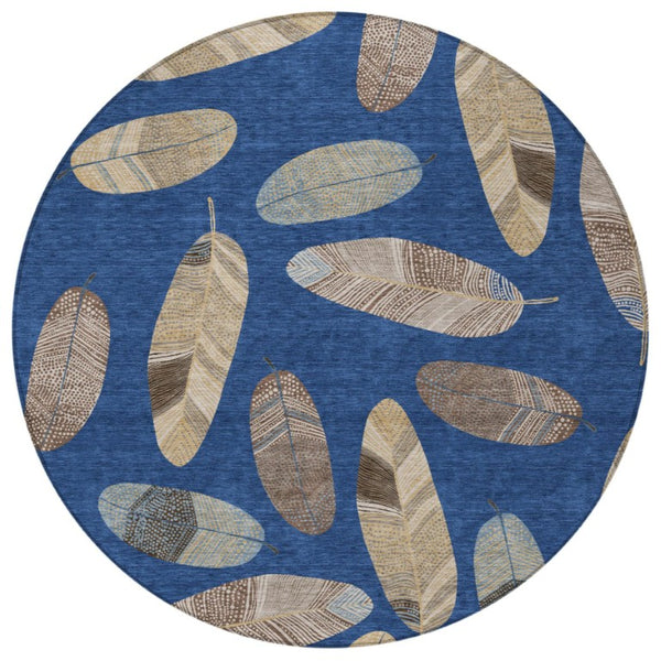 8 Ft Round Botanical Leaf Polyester Area Rug Washable for Patio Kitchen or Mudroom