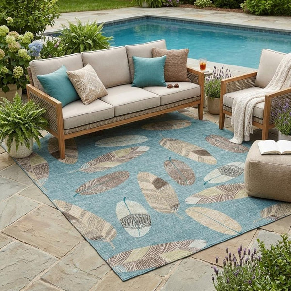 5x8 Teal Ivory Botanical Leaf Polyester Area Rug Washable Stain Resistant Patio
