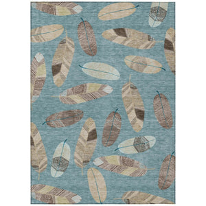 HomeRoots 5x8 Teal Ivory Botanical Leaf Polyester Area Rug Washable Stain Resistant Patio 735111
