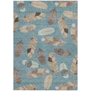 5x8 Teal Ivory Botanical Leaf Polyester Area Rug Washable Stain Resistant Patio