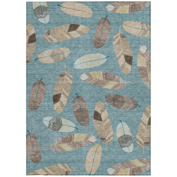 5x8 Teal Ivory Botanical Leaf Polyester Area Rug Washable Stain Resistant Patio