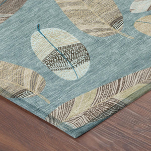 5x8 Teal Ivory Botanical Leaf Polyester Area Rug Washable Stain Resistant Patio