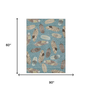 5x8 Teal Ivory Botanical Leaf Polyester Area Rug Washable Stain Resistant Patio
