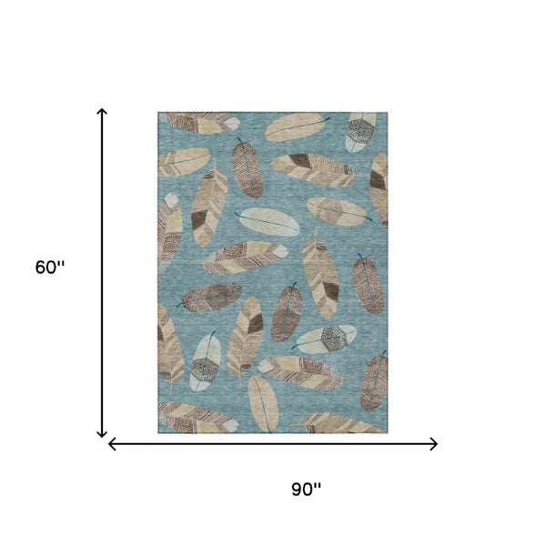 5x8 Teal Ivory Botanical Leaf Polyester Area Rug Washable Stain Resistant Patio