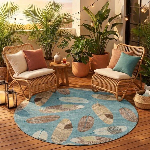8 Ft Round Botanical Leaf Polyester Area Rug for Indoor Outdoor Spaces Teal Ivory