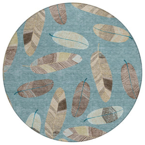 HomeRoots 8 Ft Round Botanical Leaf Polyester Area Rug for Indoor Outdoor Spaces Teal Ivory 735112