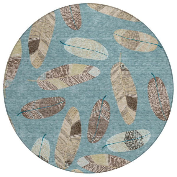 HomeRoots 8 Ft Round Botanical Leaf Polyester Area Rug for Indoor Outdoor Spaces Teal Ivory 735112