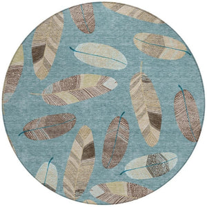 8 Ft Round Botanical Leaf Polyester Area Rug for Indoor Outdoor Spaces Teal Ivory