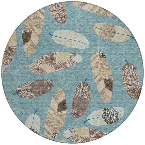 8 Ft Round Botanical Leaf Polyester Area Rug for Indoor Outdoor Spaces Teal Ivory