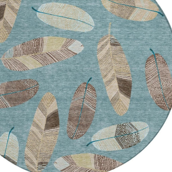 8 Ft Round Botanical Leaf Polyester Area Rug for Indoor Outdoor Spaces Teal Ivory