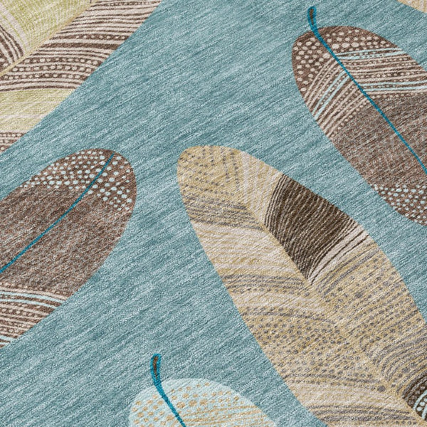 8 Ft Round Botanical Leaf Polyester Area Rug for Indoor Outdoor Spaces Teal Ivory