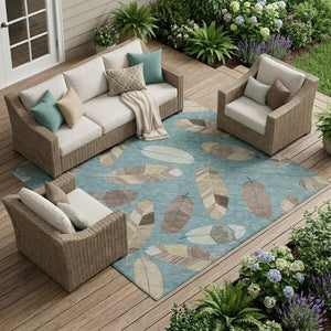 9x12 Teal Ivory Botanical Leaf Polyester Area Rug Washable for Patio or Living Room
