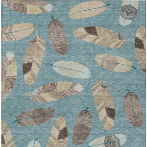9x12 Teal Ivory Botanical Leaf Polyester Area Rug Washable for Patio or Living Room