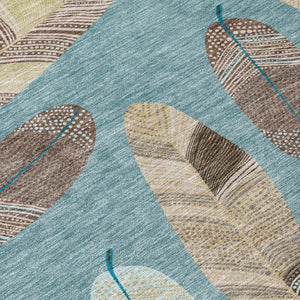 9x12 Teal Ivory Botanical Leaf Polyester Area Rug Washable for Patio or Living Room