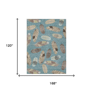 10 X 14 Teal Ivory Botanical Leaf Polyester Washable Indoor Outdoor Area Rug