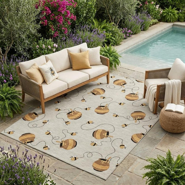 5 X 8 Beige Ivory Geometric Polyester Area Rug Washable Stain Resistant Patio