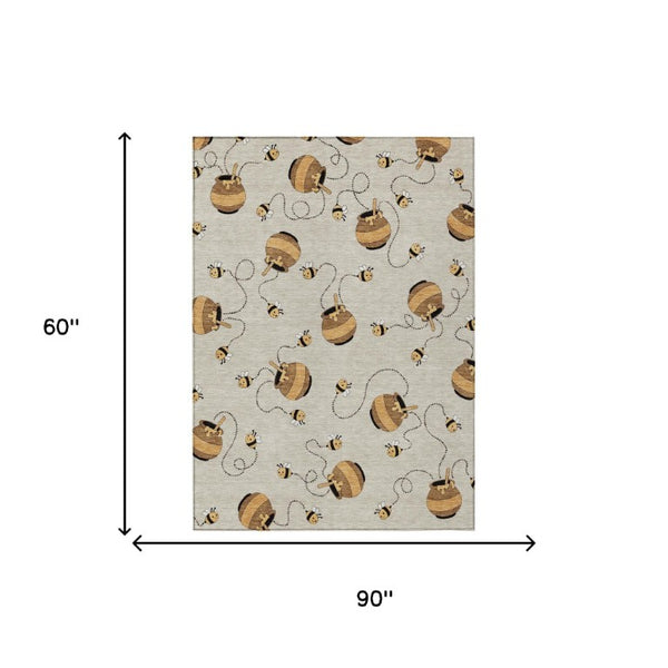 5 X 8 Beige Ivory Geometric Polyester Area Rug Washable Stain Resistant Patio