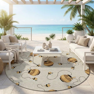 8 Foot Round Geometric Polyester Area Rug Washable Beige Ivory Indoor Outdoor