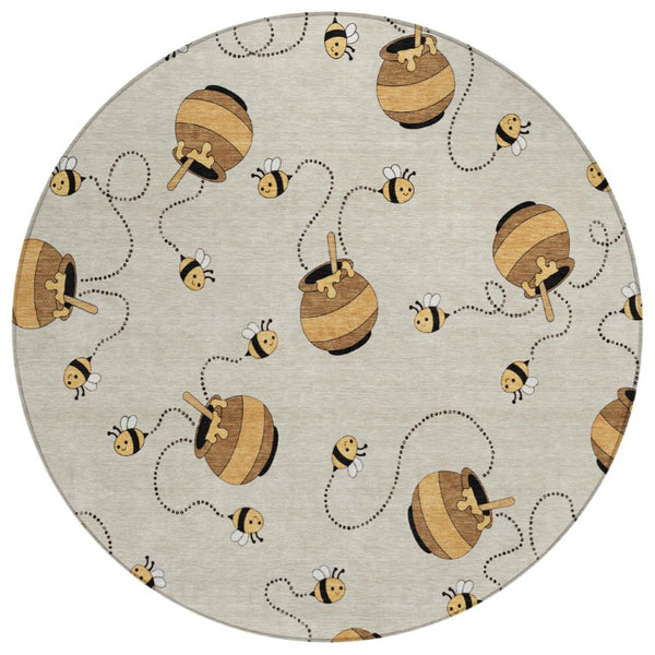 HomeRoots 8 Foot Round Geometric Polyester Area Rug Washable Beige Ivory Indoor Outdoor 735118