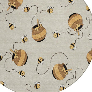 8 Foot Round Geometric Polyester Area Rug Washable Beige Ivory Indoor Outdoor