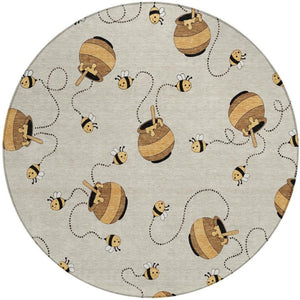 8 Foot Round Geometric Polyester Area Rug Washable Beige Ivory Indoor Outdoor