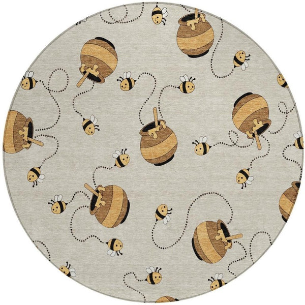 8 Foot Round Geometric Polyester Area Rug Washable Beige Ivory Indoor Outdoor