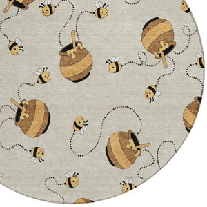 8 Foot Round Geometric Polyester Area Rug Washable Beige Ivory Indoor Outdoor