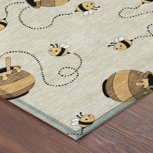 8 Foot Round Geometric Polyester Area Rug Washable Beige Ivory Indoor Outdoor