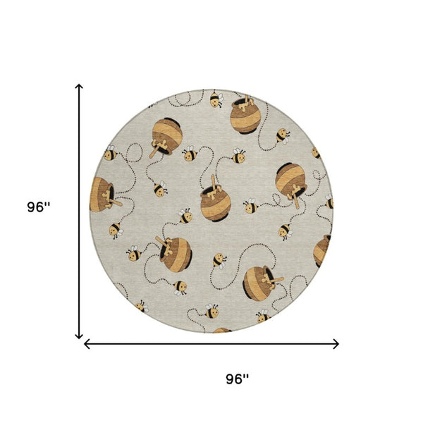 8 Foot Round Geometric Polyester Area Rug Washable Beige Ivory Indoor Outdoor