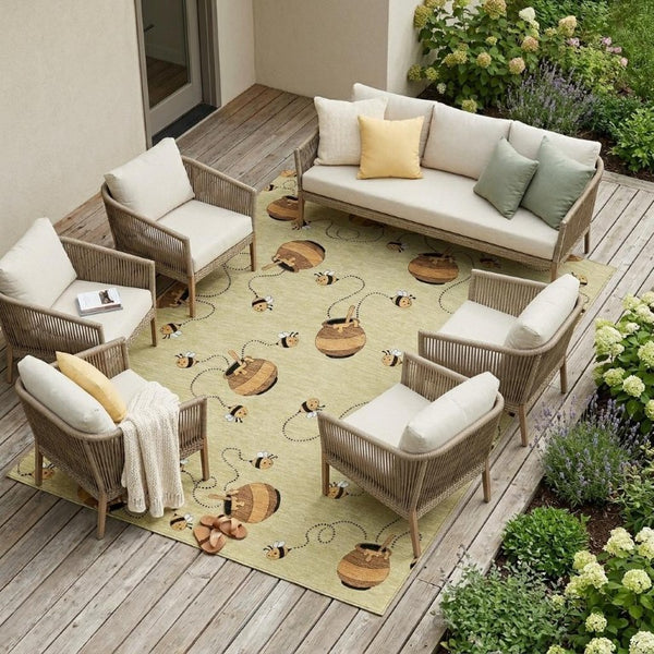 8 X 10 Wheat Ivory Geometric Polyester Rug Washable for Indoor Outdoor Living
