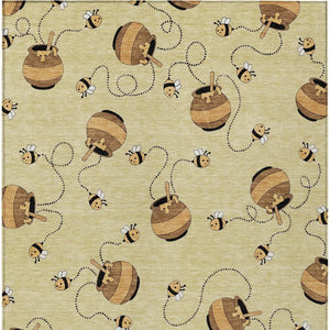 8 X 10 Wheat Ivory Geometric Polyester Rug Washable for Indoor Outdoor Living