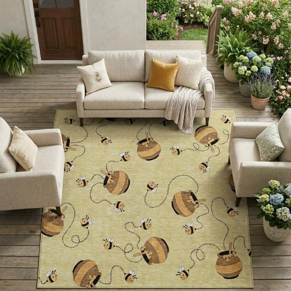 9 X 12 Geometric Wheat Ivory Polyester Area Rug Washable for Patio or Living Room
