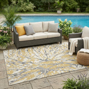 5x8 Gold Ivory Abstract Polyester Area Rug Stain Resistant Indoor Outdoor Patio