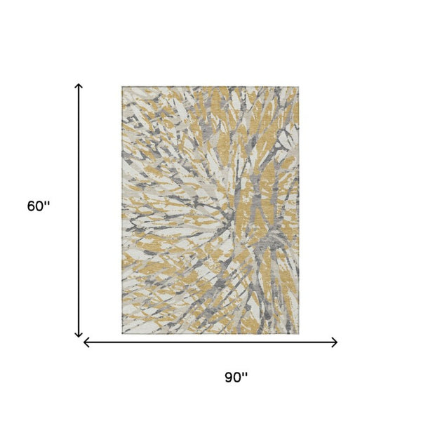 5x8 Gold Ivory Abstract Polyester Area Rug Stain Resistant Indoor Outdoor Patio