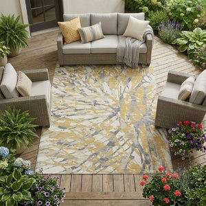 8 X 10 Gold Ivory Abstract Polyester Area Rug Washable for Indoor Outdoor Use